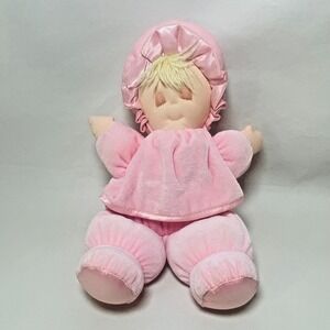 Eden Sleeping Pink Plush Baby Doll Blonde Hair Security Lovey Satin Trim Vintage